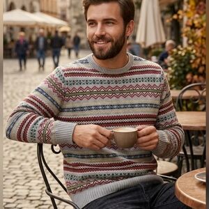 Vintage IZOD Grey Red Striped Fair Isle Nordic Casual Crewneck Men's Sweater XL